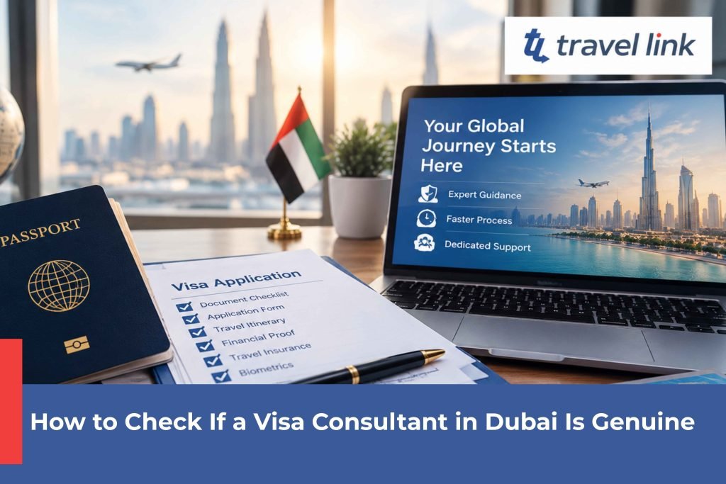Visa application checklist, passport and UAE flag on a desk with Dubai skyline behind — checking a visa consultant