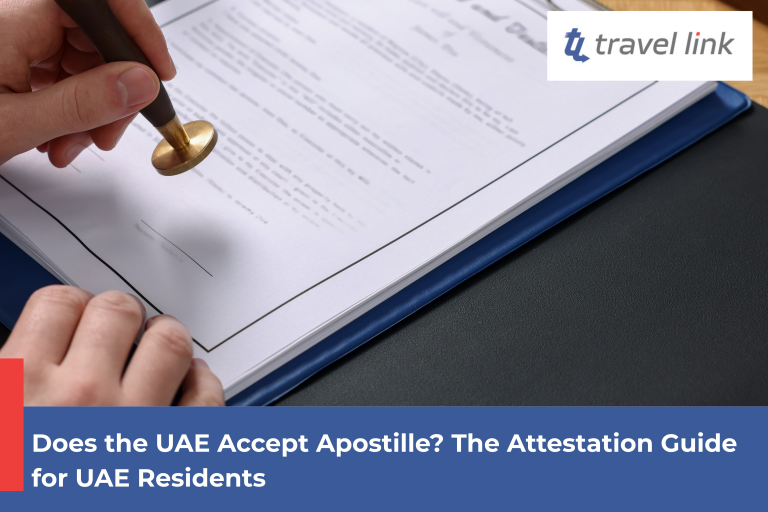 Official documents and attestation stamps representing the apostille and document attestation process in the UAE.